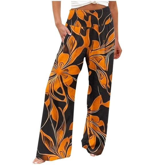 DeHolifer Women Pants Casual Elastic Waist Floral Printed High Waisted Straight Leg Wide Leg Pants Black M