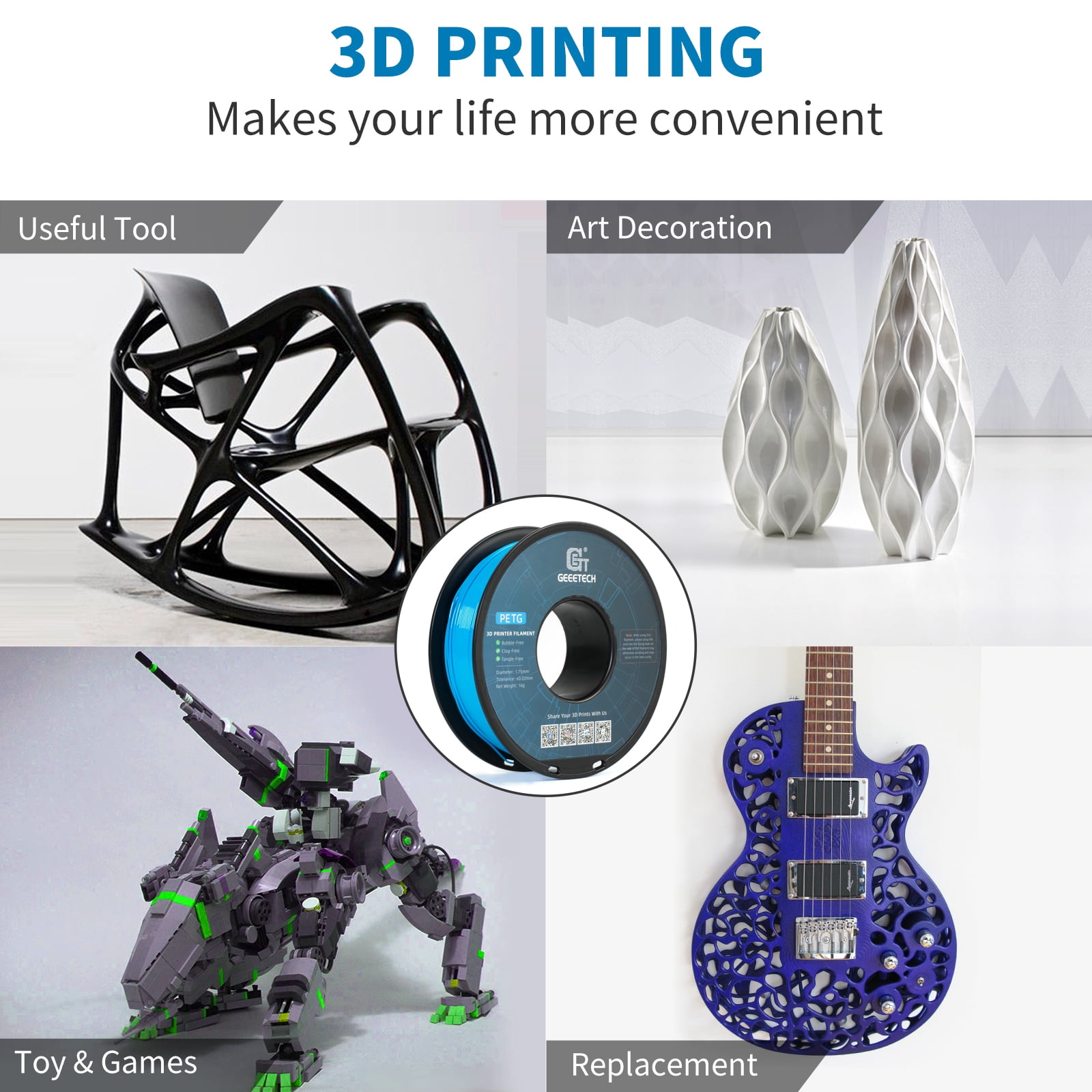 GEEETECH Aqua PETG Filament 1.75mm, Upgrade Stronger Toughness Printing Consumables, 10kg (22 lbs) Spool Fit Most FDM 3D Printer