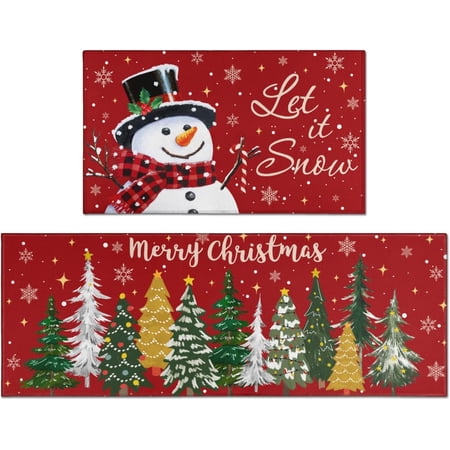 Christmas Kitchen Rugs Set of 2 Snowman Christmas Tree Christmas Rugs Non-Slip Washable Kitchen Mats Christmas Kitchen Decor Suitable for Kitchen Holiday Sink Front Kitchen Mat Red 17x30+17x47Inch