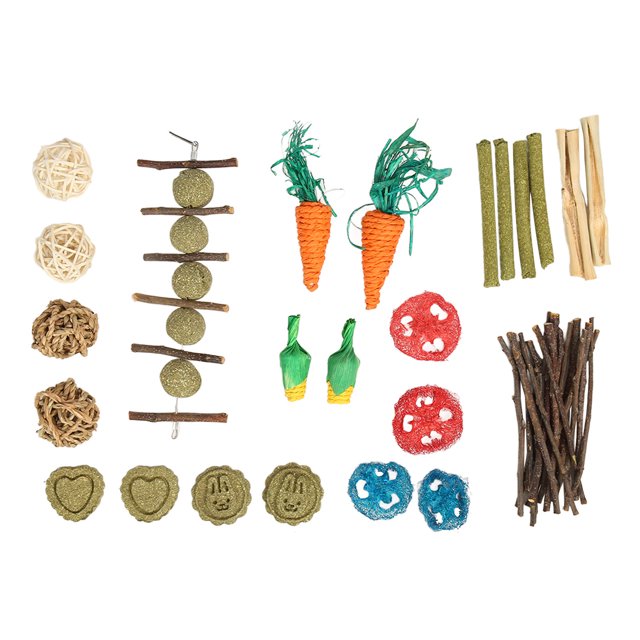 20 piezas juguetes para masticar hámster, esponja de troncos, bola de ratán, pastel de hierba, rama de manzana, juego de juguetes para masticar conejo de bambú dulce