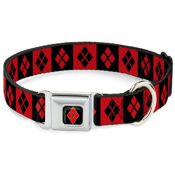 DC Comics Pet Collar, Dog Collar Metal Seatbelt Buckle, Harley Quinn Diamond Blocks Red Black Red, 15 to 24 Inches 1.0 Inch Wide