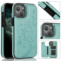 Feishell Back Case for iPhone 13 mini,Embossed Pattern PU Leather Wallet Phone Case with ID Credit Card Slots Shockproof Magnetic Buckle Back Flip Holder Protective Cover,Mint