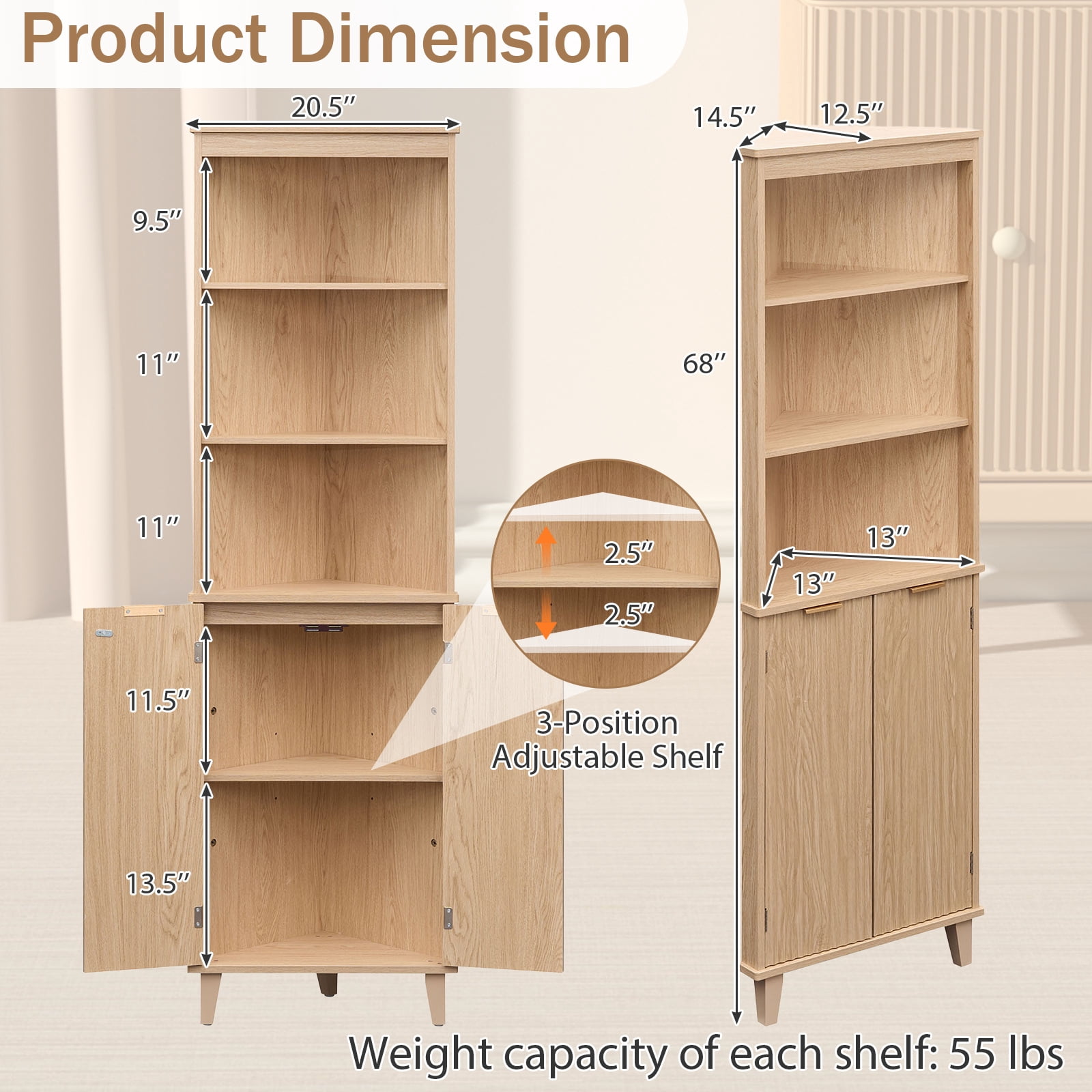 Costway 68" Tall Corner Bathroom Cabinet with Fluted Doors, 6-Tier Space Saver Bathroom Storage Cabinet Oak