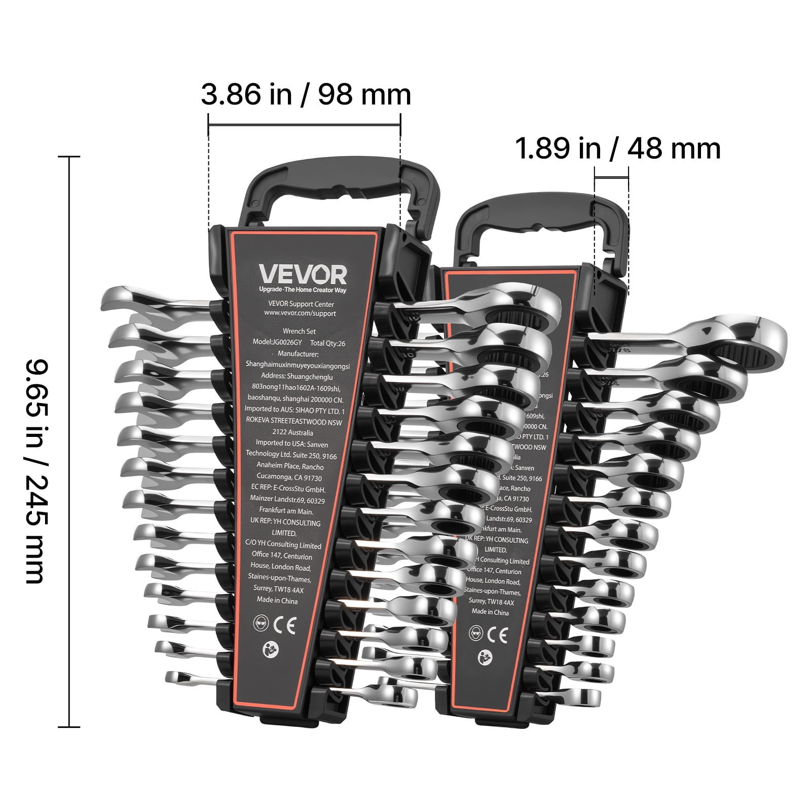 VEVOR Combination Wrench Set, 26-Piece SAE and Metric, 72 Teeth, Cr-V Steel Ratcheting Wrench Set, with Rack Organizer, Open End, Clear Size Labels, for General Household, Automotive Repairs, Silver