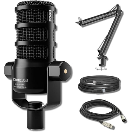 Rode PodMic USB Dynamic Broadcast Microphone with StreamEye BOOMARM1 Microphone Boom Arm and 10' XLR Cable