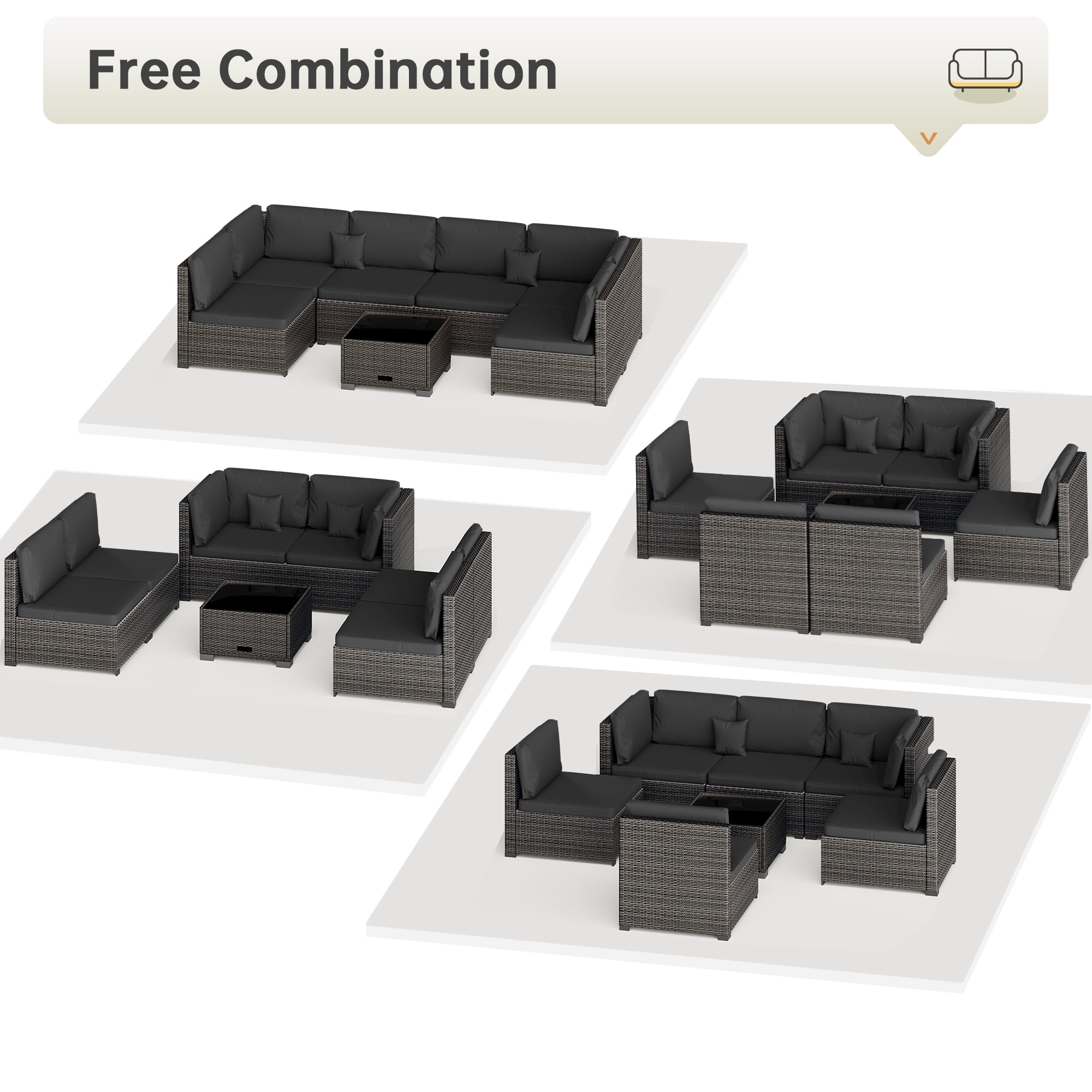 LHBcraft 7-Piece Outdoor Patio Furniture Set, All-Weather PE Rattan Sectional Sofa with Cushions and Coffee Table