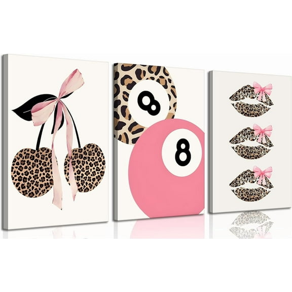 Trendy Pink Leopard Bow Wall Art Set of 3 Funky Cherry Lucky 8 Ball Posters Prints Cute Coquette Preppy Room Aesthetic Wall Decor Pictures for Girls Bedroom Apartment Dorm Und 16x24in