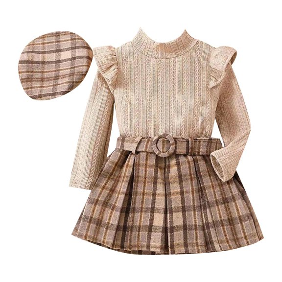Toddler Girls Three Piece Fall Set Long Sleeved Ruffled Turtleneck Striped Top Plaid Skirt With Belt Plaid Hat