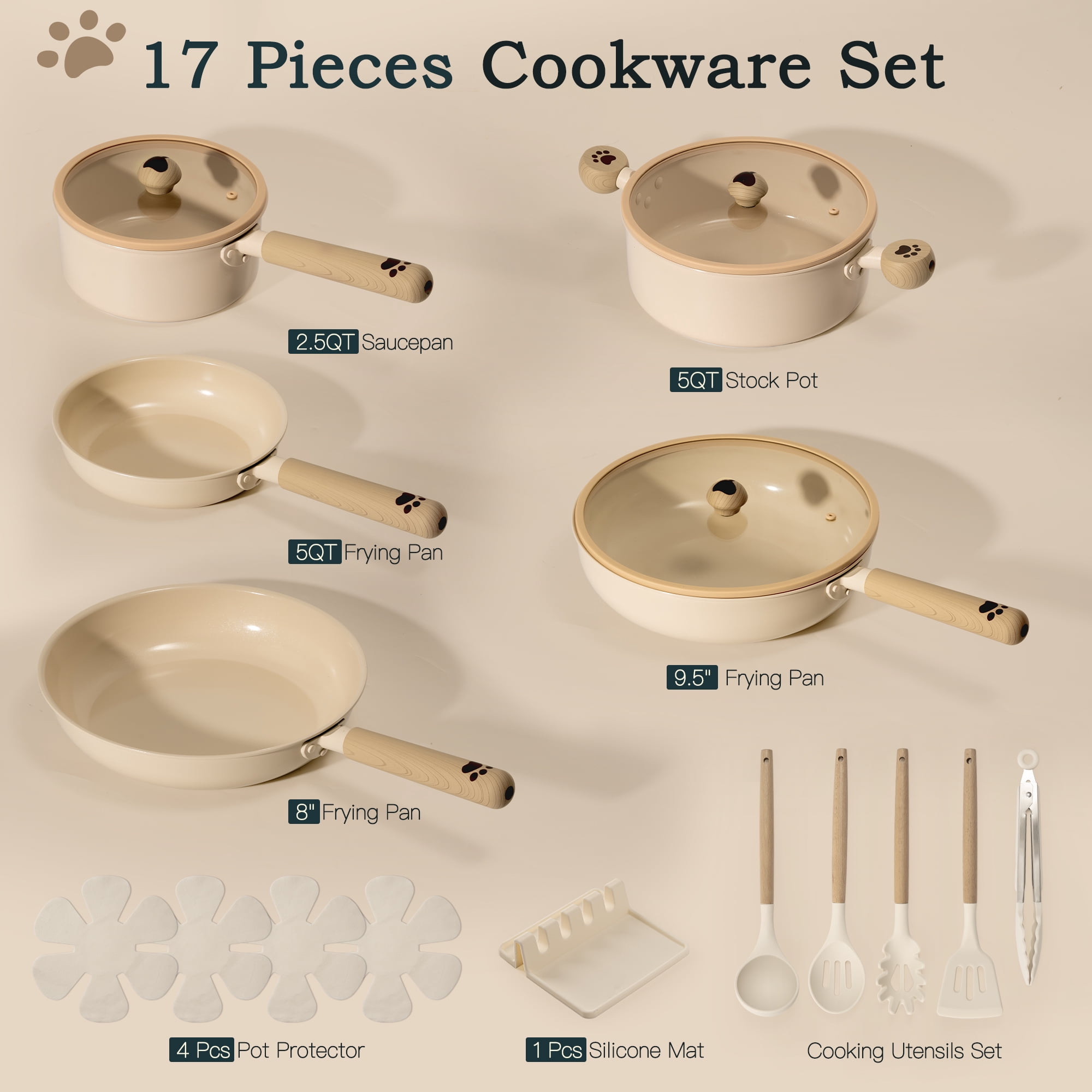 Astercook 17-Piece Ceramic Cookware Set with Dog Paw Wooden Handles, Nonstick Pots and Pans Set for Home & Camping, Induction Compatible and Dishwasher Safe, Perfect Gift for Pet Lovers & Families