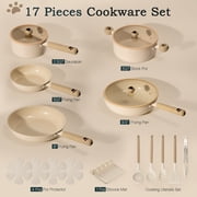 Astercook 17-Piece Ceramic Cookware Set with Dog Paw Wooden Handles, Nonstick Pots and Pans Set for Home & Camping, Induction Compatible and Dishwasher Safe, Perfect Gift for Pet Lovers & Families