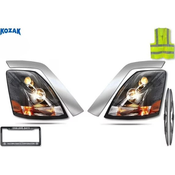 Compatible with Volvo VNL VNM 2004-2017  Headlights Assembly Black Set, Right Passenger and Left Driver Side