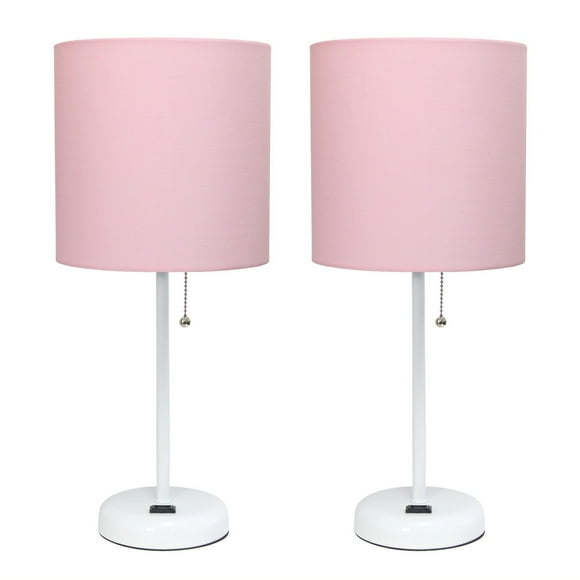 LimeLights White Stick Lamp with Charging Outlet and Fabric Shade 2 Pack Set