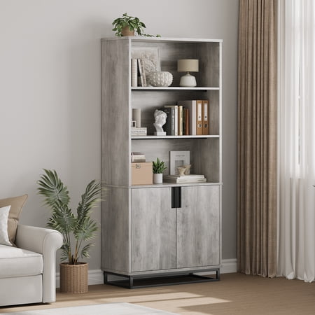 Farmhouse Industrial Office Bookshelf with Doors – 71" Tall, 5-Tier Wooden Bookcase Cabinet, Adjustable Shelves, Sturdy Metal Base – Large Storage Shelf for Home Office, Living Room, Library – Gray