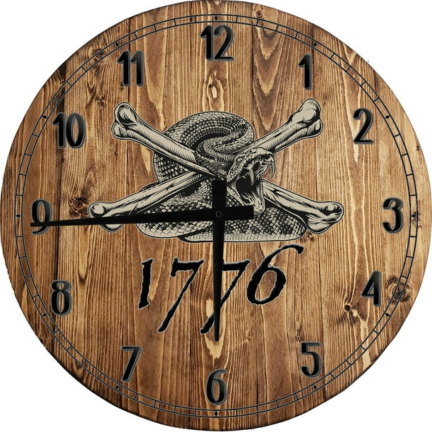 Large Wood Wall Clock 24 Inch Round 1776 Snake Cross Bones Round Small