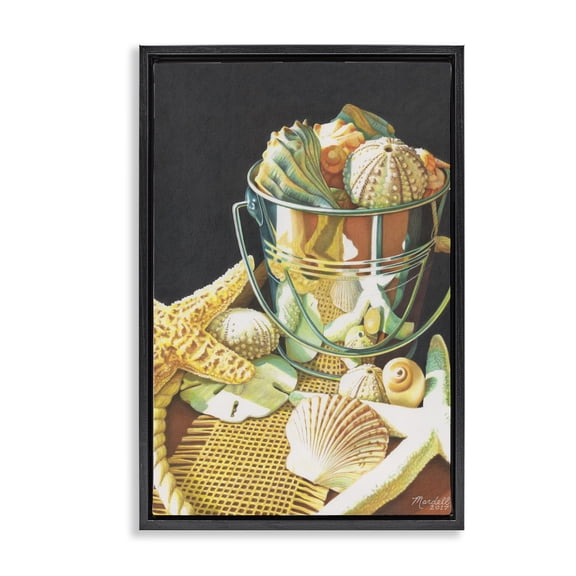 Stupell Industries Bucket Of Seashells Coastal Painting Black Floater Framed Art Print Wall Art, 17 x 25
