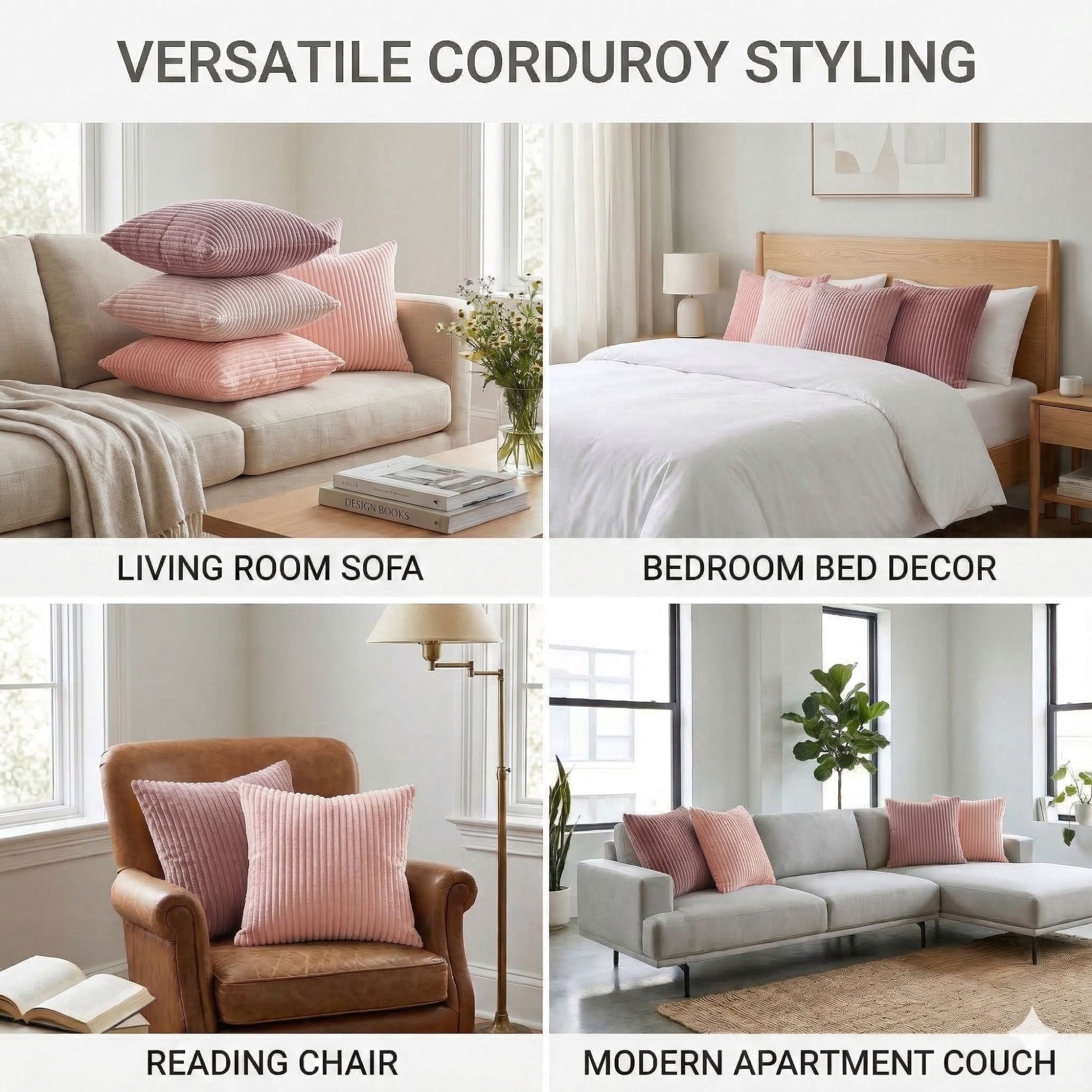 Decorative Throw Pillow Covers 18x18 Inch, Set of 4 Soft Corduroy Cushion Covers, Farmhouse Boho Neutral Pillow Cases for Couch, Sofa, Bed, Living Room