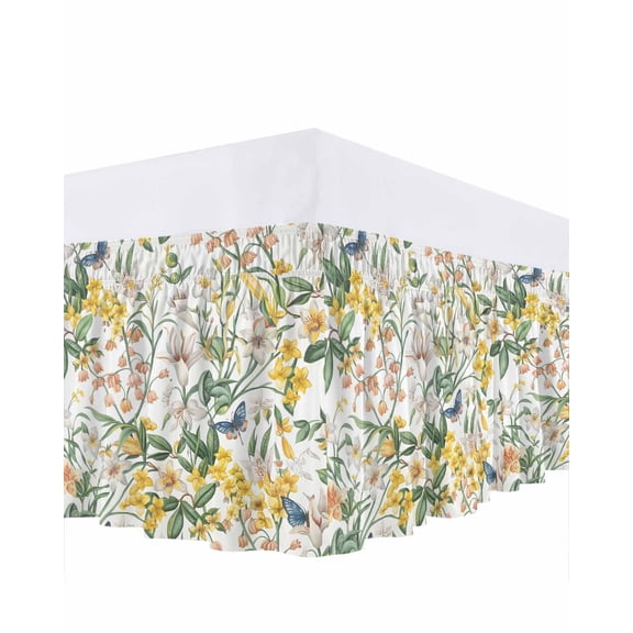 Yellow Flower Bed Skirt King Size 18 Inch Drop, White Floral Green Leaf Butterfly Spring Plant Adjustable Elastic Dust Ruffles Bedskirt for King Bed Wrap Around Pleated Mattress Frame Cover