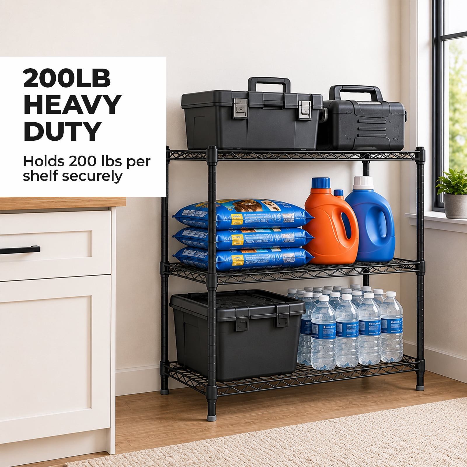 Alvantor 3/4/5-Tier Black Wire Rack 31in/48in/60in Heavy Duty Storage Shelving Adjustable Shelf Unit, Stable Steel Shelving, 200 lbs Capacity Per Shelf