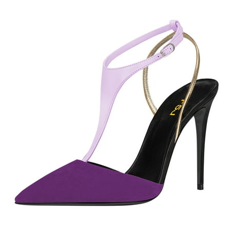 FSJ Women Sexy Stiletto High Heels Pumps Pointy Close Toe D Orsay Slingback T-Strap Buckle Slide Sandals Casual Work Formal Shoes Size 9.5 Purple