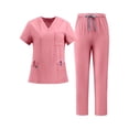 thumbnail image 2 of Dresfit Women's Scrub Sets Short Sleeve V Neck Scrub Tops Matching Drawstring Wide Leg Scrub Pants Two Piece Sets Lightweight Loose Nurse Uniform S, 2 of 3