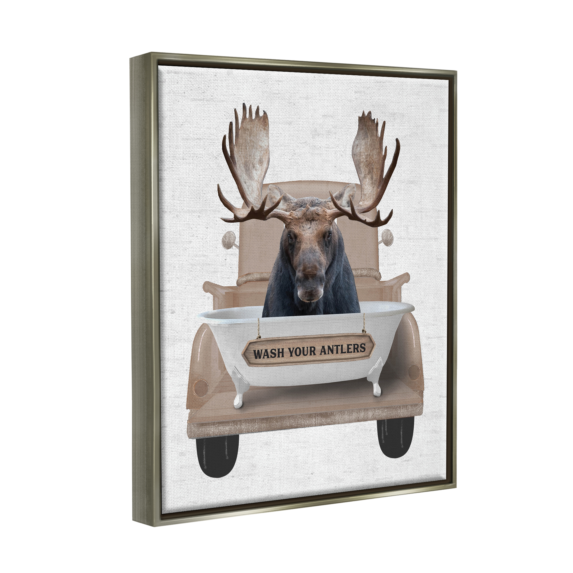 Stupell Industries Wash Your Antlers Truck Animals & Insects Painting Gray Floater Framed Art Print Wall Art, 17 x 21