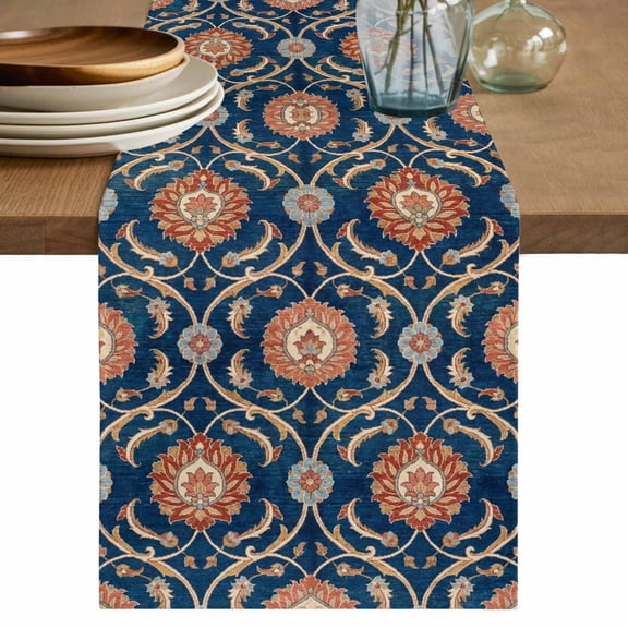 Orange Blue Floral Table Runner, Retro Botanical Abstract Vintage Washable Cotton Linen Table Runners 72 Inches Long, Dresser Scarf Runner for Dining/Coffee/TV Stands/Kitchen/Cabinets 16''x72''