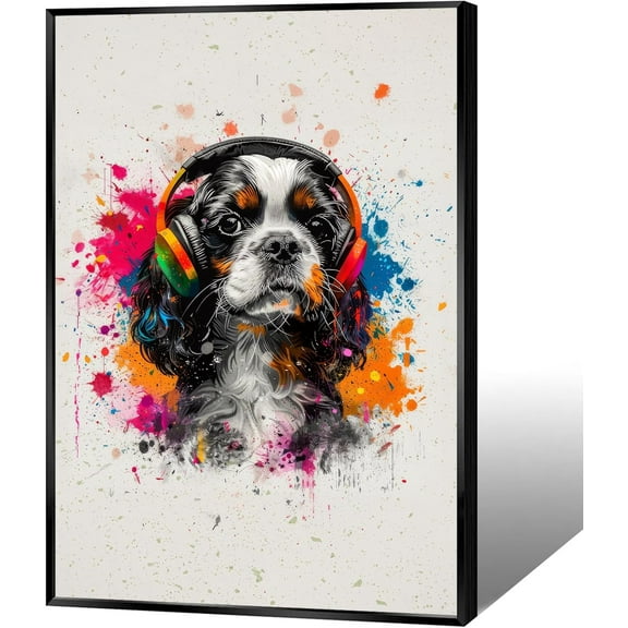 Dog With Headphones Canvas Wall Art Cute Colorful Graffiti Art Posters Banksy Prints Painting Street Pop Art Wall Decor For Living Room Game Room Bedroom Music Room Unframed