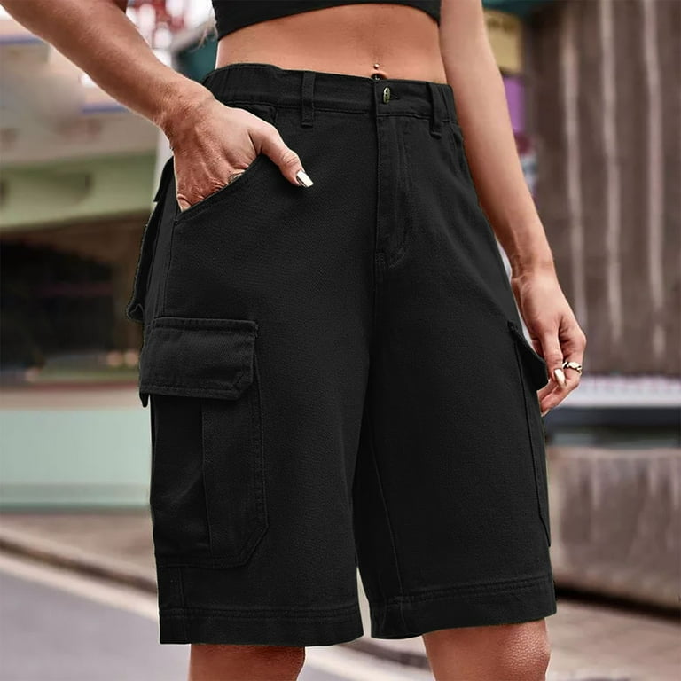 Women's Mid-Rise Relaxed Fit Cargo Bermuda Shorts Fashion Denim Short Pants  