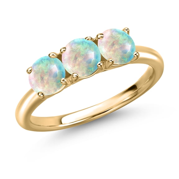 Gem Stone King 10K Yellow Gold Simulated White Opal Engagement Ring for Women | 1.50 Cttw | Round Cabochon 5MM | Gemstone October Birthstone | Size 7