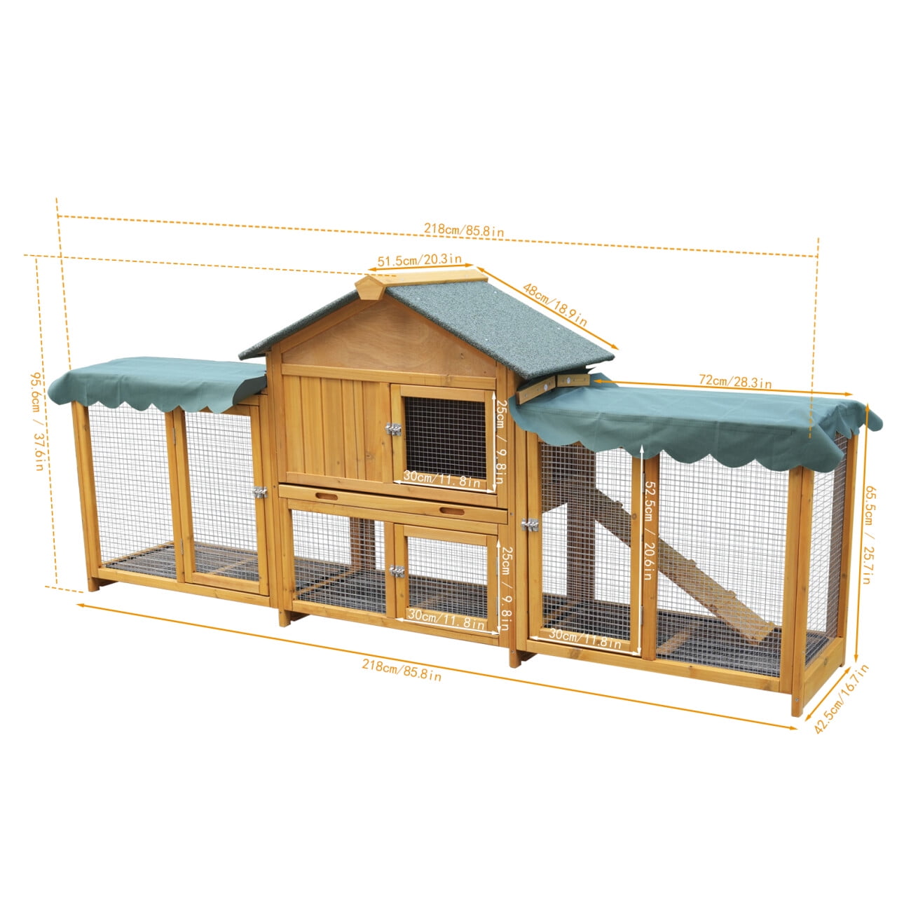 85" Large Rabbit Hutch Outdoor, Wood Bunny Cage Indoor with Cleaning Tray, Waterproof Roof and 4 Doors for Small and Medium Bunny Rabbit Duck Chick, Dark Yellow