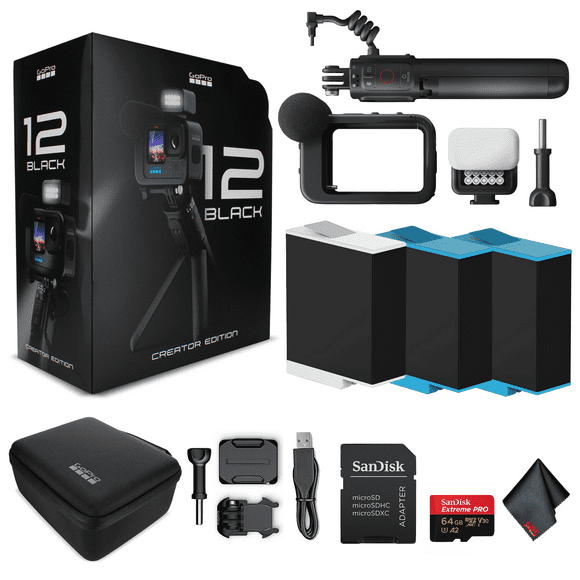 GoPro HERO 12 Creator Edition - with Volta (Battery Grip, Tripod, Remote), Media Mod, Light Mod, Enduro Battery - Waterproof Action Camera + 64GB Extreme Pro Card and 2 Extra Batteries