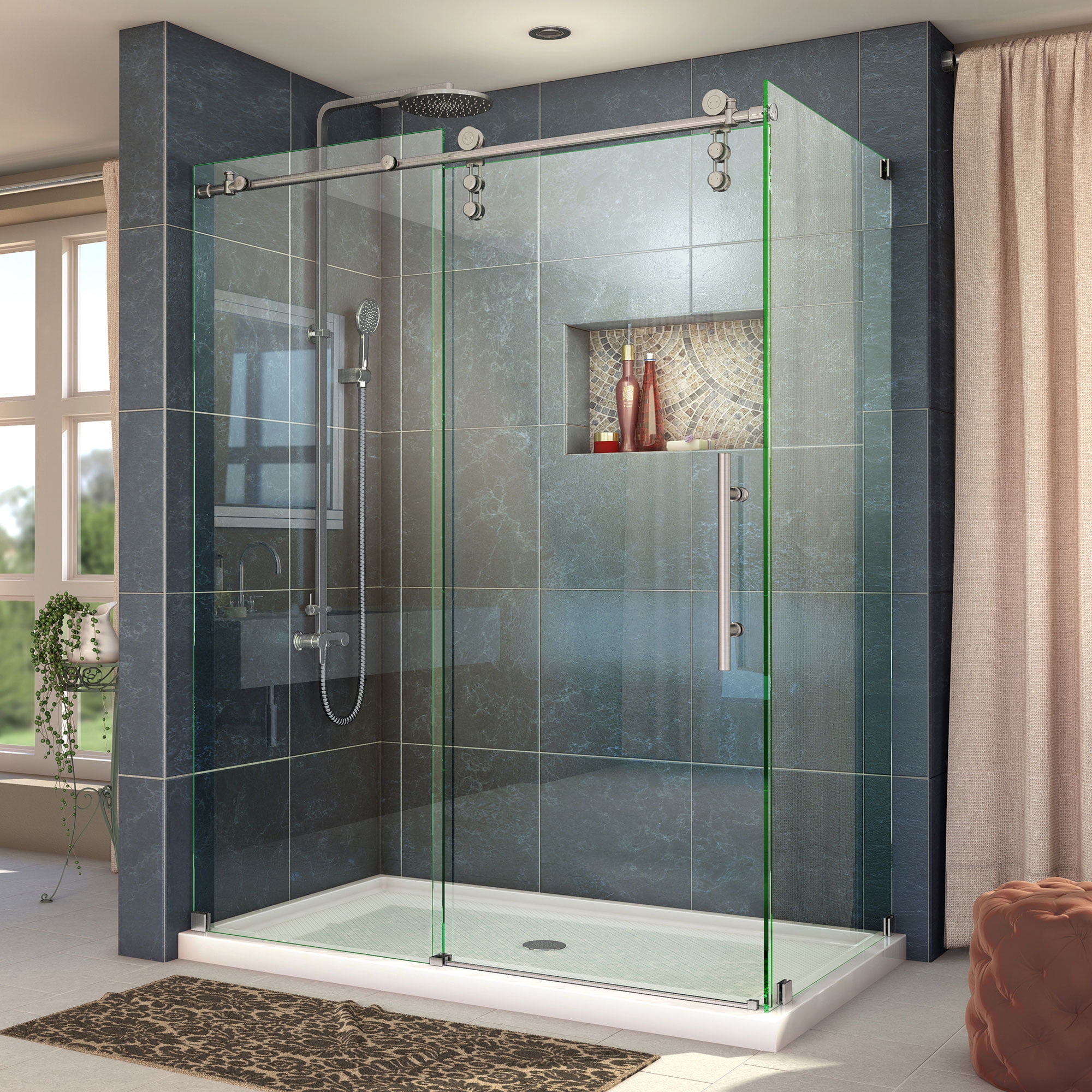 Enigma-Z 34-1/2" x 48-3/8" Fully Frameless Sliding Shower Enclosure, Clear 3/8" Glass, Brushed Stainless Steel