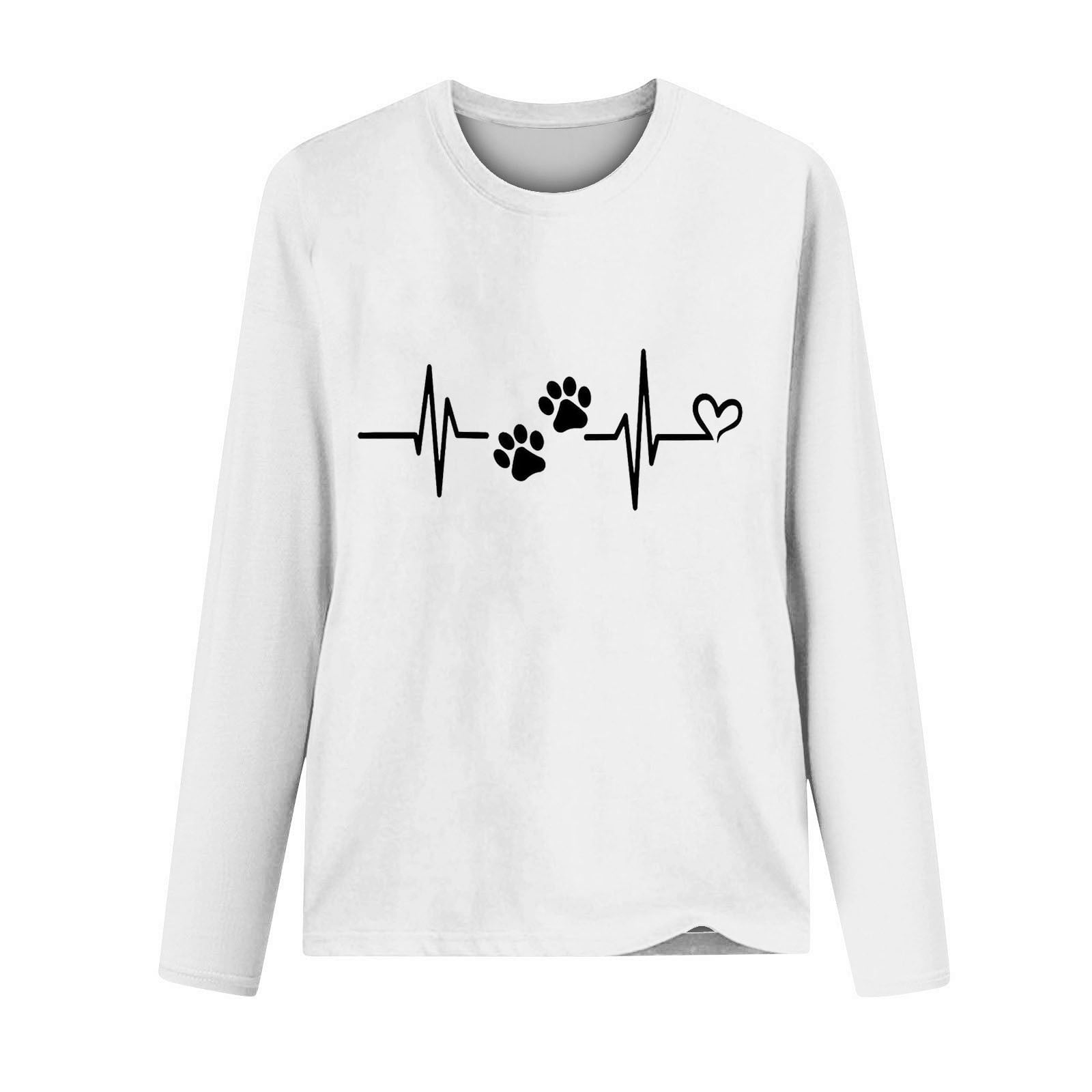 Love Heart Dog Paw Print T Shirts Women Long Sleeve Pullover Tops Casual Blouse Heartbeat Graphic Dog Mom Gift Tees
