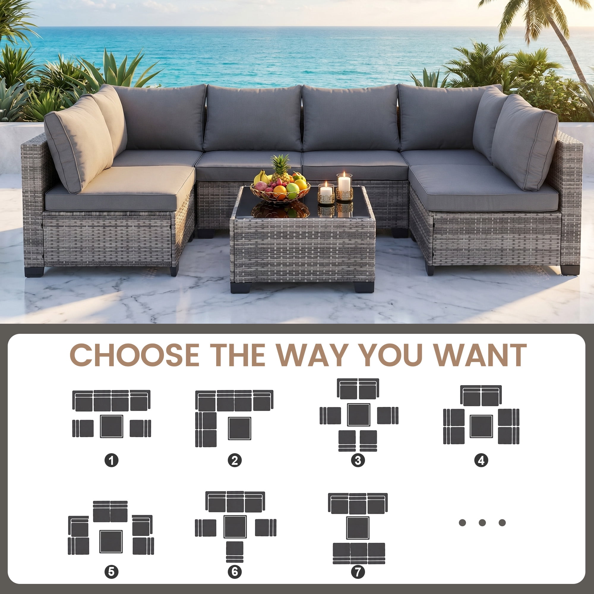 MOLIBYME 7 Pcs Outdoor Patio Furniture Set, Modular Outdoor Sectional Wicker Conversation Set, Rattan Sofa Set with Glass Table and Washable Cushion Covers, Light Gray