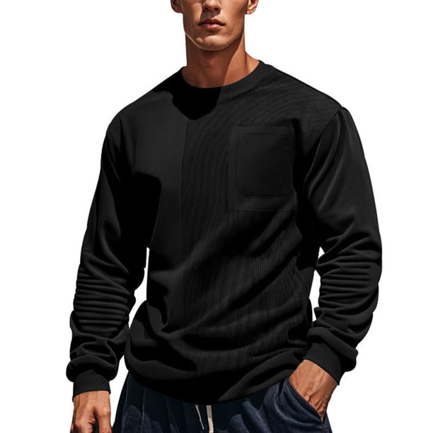 Blusas y camisas de manga larga con cuello redondo para hombre, de pana de color liso, con bolsillos empalmados y sudadera con cuello redondo. Blusa de pana para hombre.