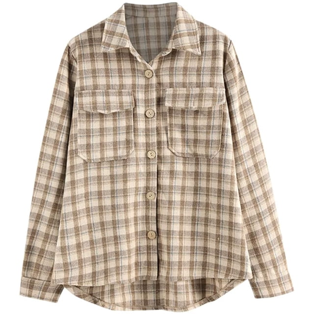 Women's Plaid Long Sleeve Button Down Wool Blend Shirt Jacket Blouse