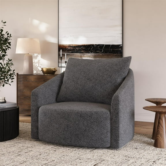 Novogratz Ines Round Swivel Accent Chair, Dark Gray Micro Boucle