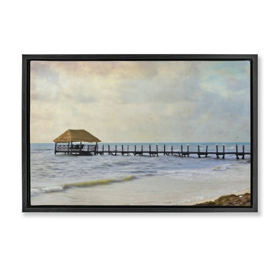 Stupell Industries Paradise Pier Shoreline Nautical & Beach Painting Black Floater Framed Canvas Art Print Wall Art, 25 x 17