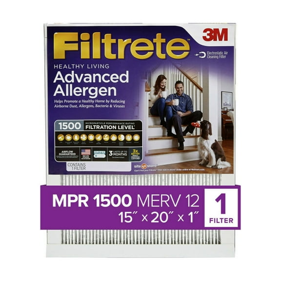 Filtrete 15x20x1, MERV 12, Advanced Allergen Reduction HVAC Furnace Air Filter, 1500 MPR