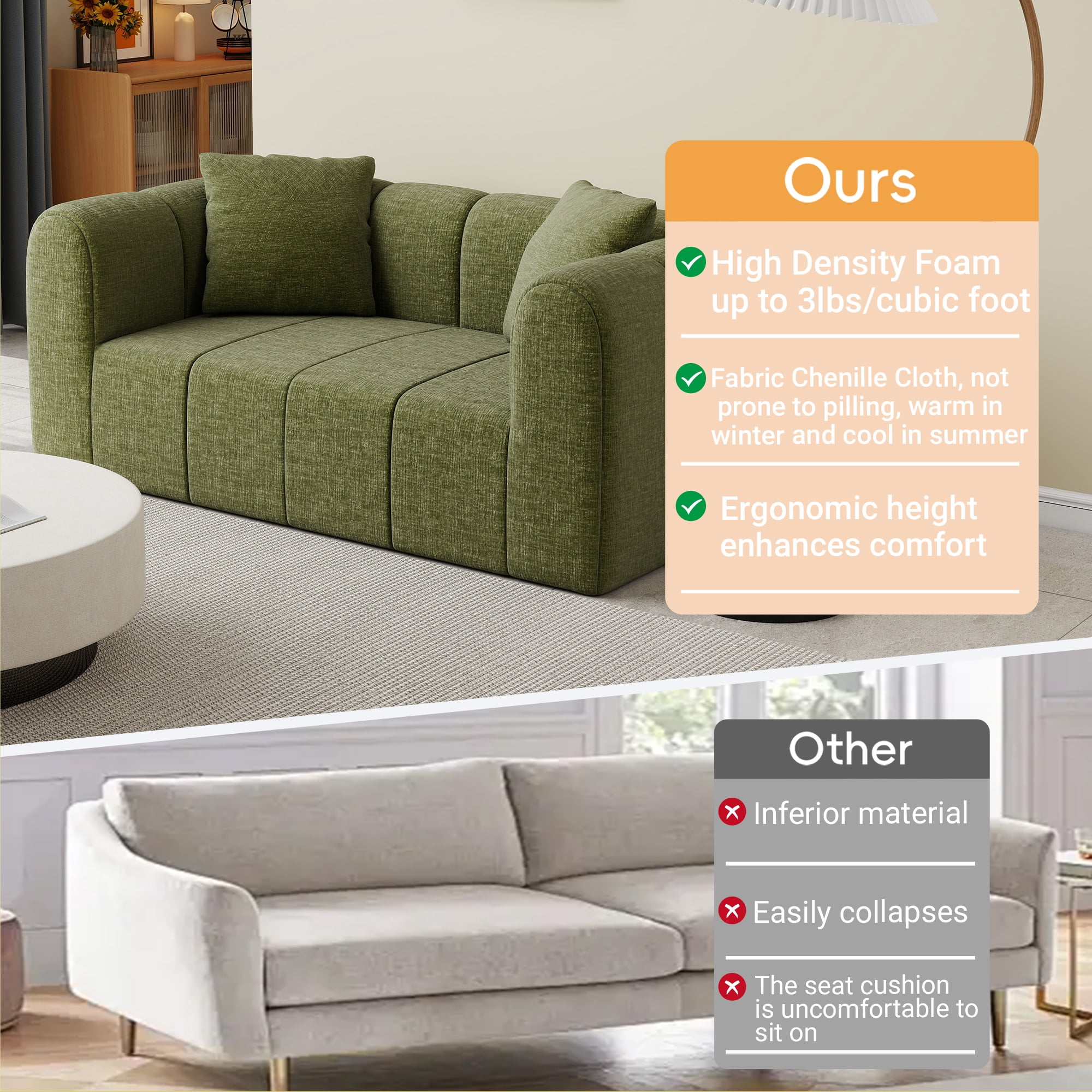 Meeyar Loveseat Sofa with 2 Cushions, 65" Modern Bubble Couch 2 Seater for Living Room, Green