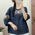 thumbnail image 2 of Dazajoo Linen Half Sleeve Tops for Women Vintage Embroidered Round Neck Blouses Summer Plus Size Boho Shirts,Dark Blue,L, 2 of 4