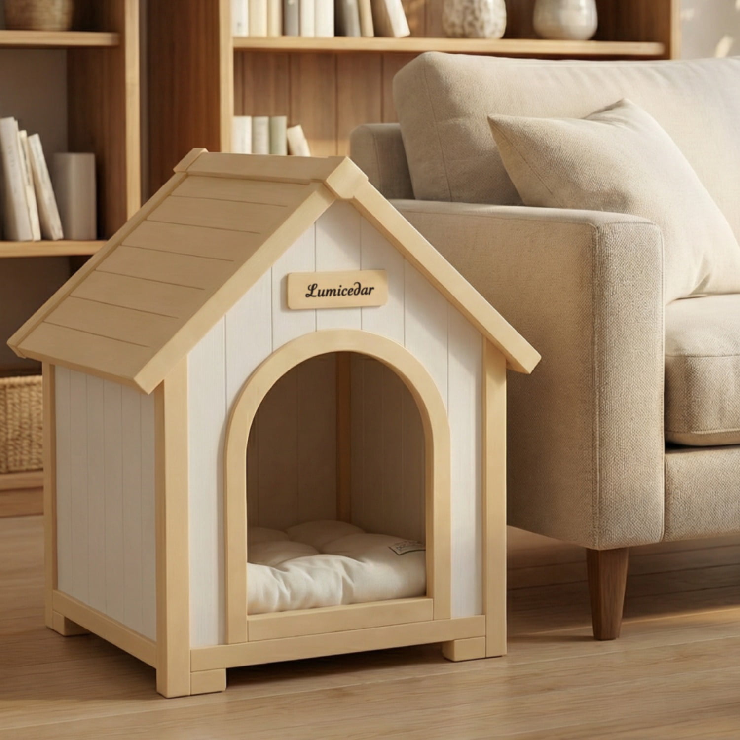 Modern Indoor Wooden Dog House with EVA Cushion – Solid Cedar Pet House for Small Dogs & Cats