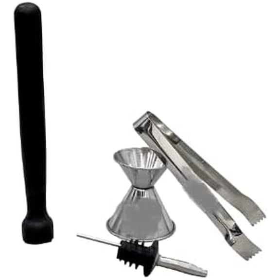 SynSpiritStore Stainless Steel 4 pcs Bar Accessories Set- PVC Muddler Black, Peg Measure, Ice Tong, Wine Pourer