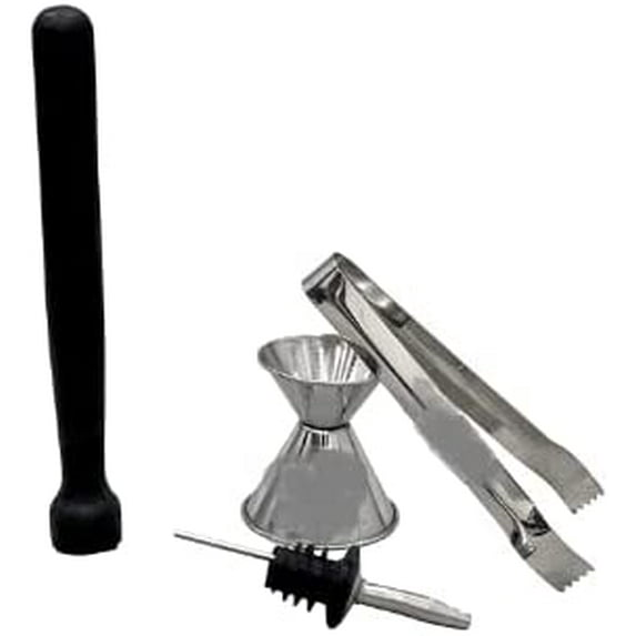 SynSpiritStore Stainless Steel 4 pcs Bar Accessories Set- PVC Muddler Black, Peg Measure, Ice Tong, Wine Pourer