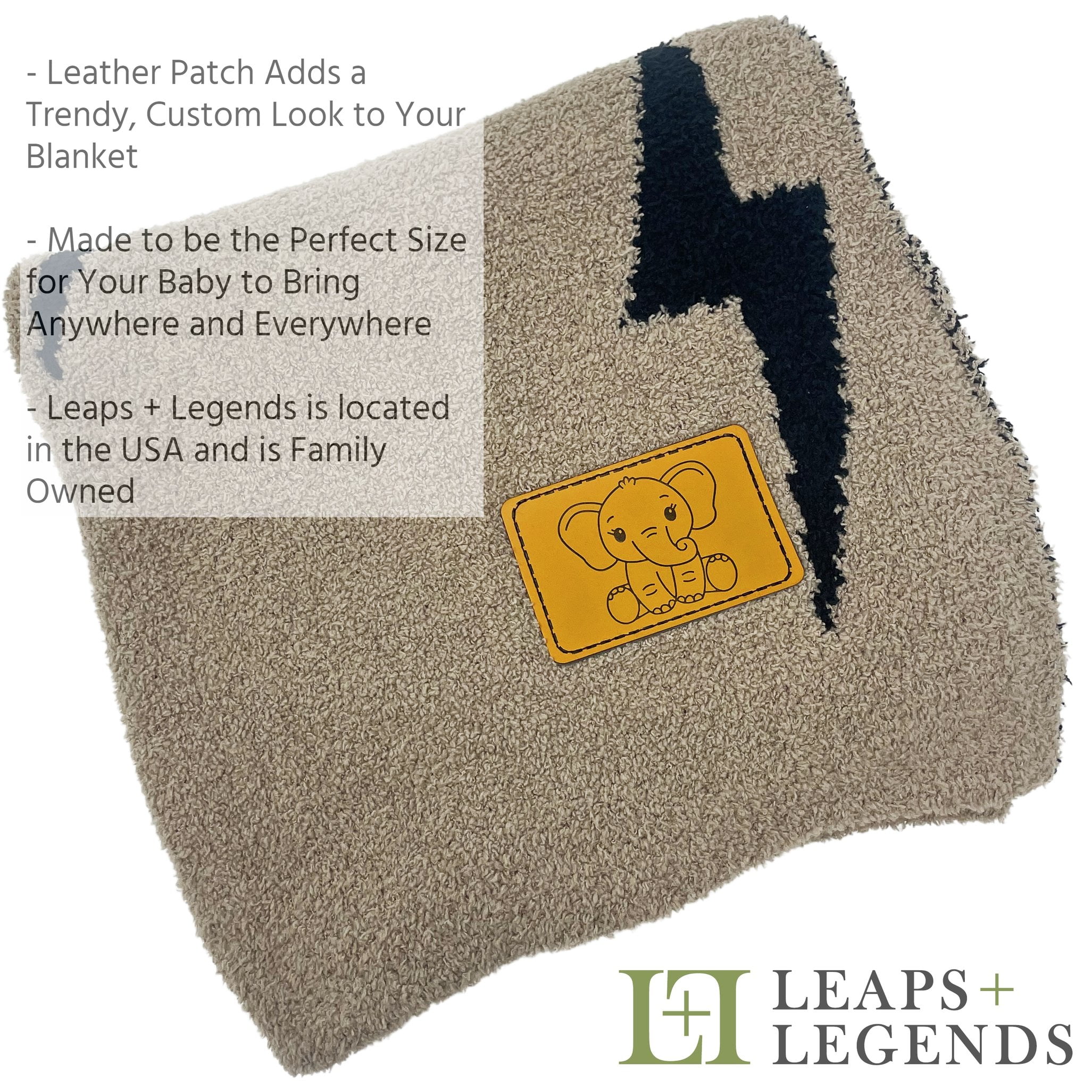 Lightning Bolt Baby Blanket 28"x40" with Leather Patch - Soft Knitted Throw - Receiving Blanket/Newborn Gift Essential for Nursery Black/Brown