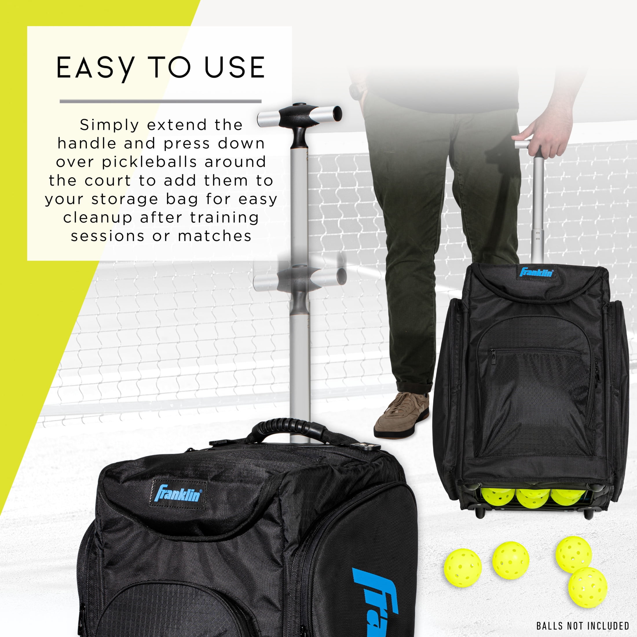 Franklin Sports Portable Pickleball Hopper Bag + Caddy - Pickleball Ball Retriever + Storage Bag - 100 Ball Rolling Hopper Basket for Pickleballs - Pickleball Training Equipment + Accessory