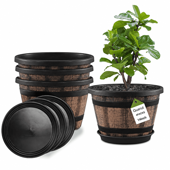 Plant Pots with Saucer, 14 inch Whiskey Barrel Planter, Set of 4, Plastic Flower Pots for Indoor and Outdoor, Brown