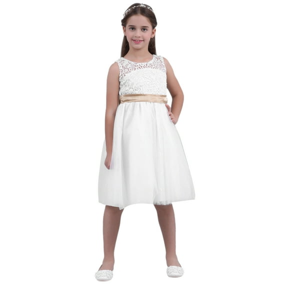 TTAO Flower Girl Dress Kids Floral Lace Formal Party Wedding Bridesmaid Ball Gown Dress White 2