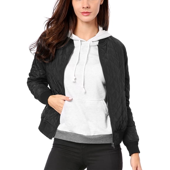 INSPIRE CHIC Women's Stand Collar Zip Up Raglan Sleeves Bomber Quilted Jacket Black XS