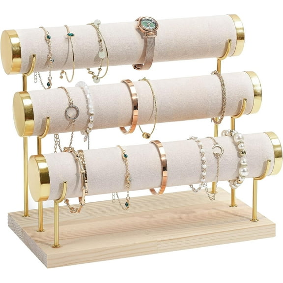 ProCase Detachable Bracelet Holder Stand, Gold Bracelet Organizer for Selling, Velvet Wrap Bracelet Display Rack with Wooden Base for Bangles Scrunchies Watches - 3 Tier, Beige